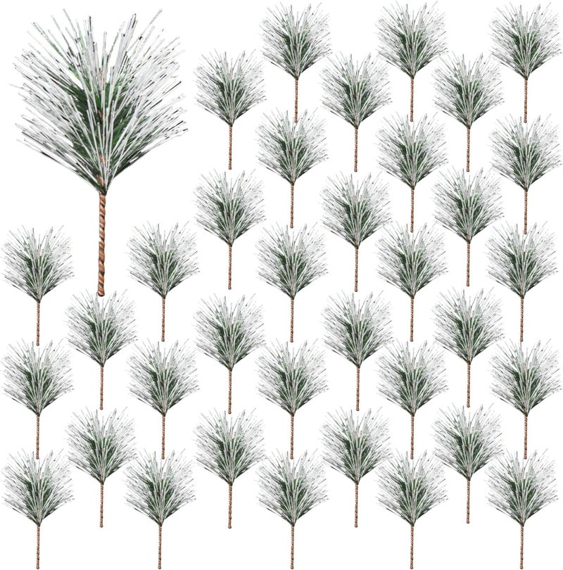 YGbridge Artificial Green Pine Needles Branches, 50 PCS Small Pine Twigs Stems Picks, Fake Greenery Pine Picks for Christmas Garland, Wreath, Home Holiday Decoration (50, Green White) - Image 1